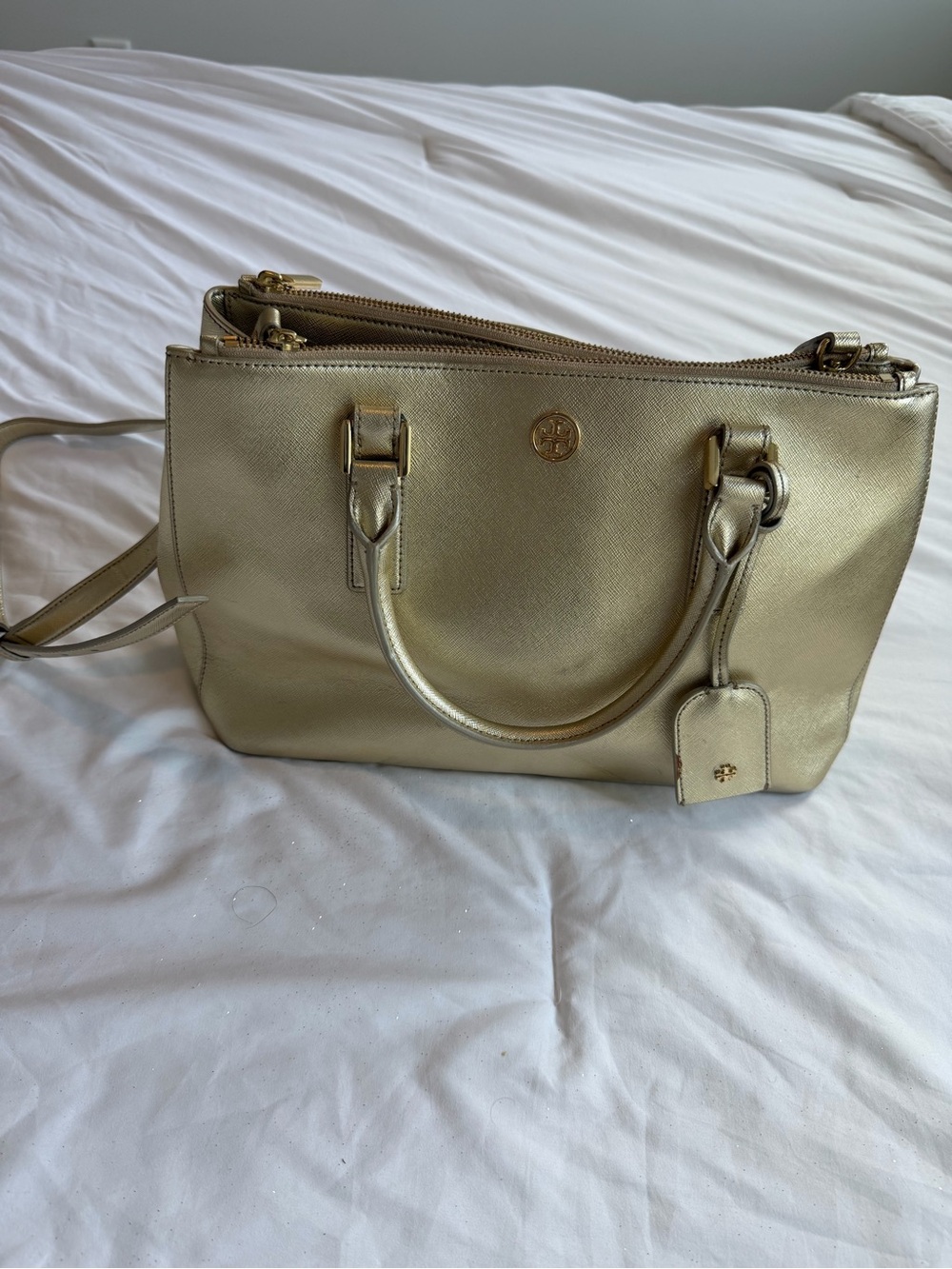 Tory Burch Metallic Gold Double-Zip Satchel